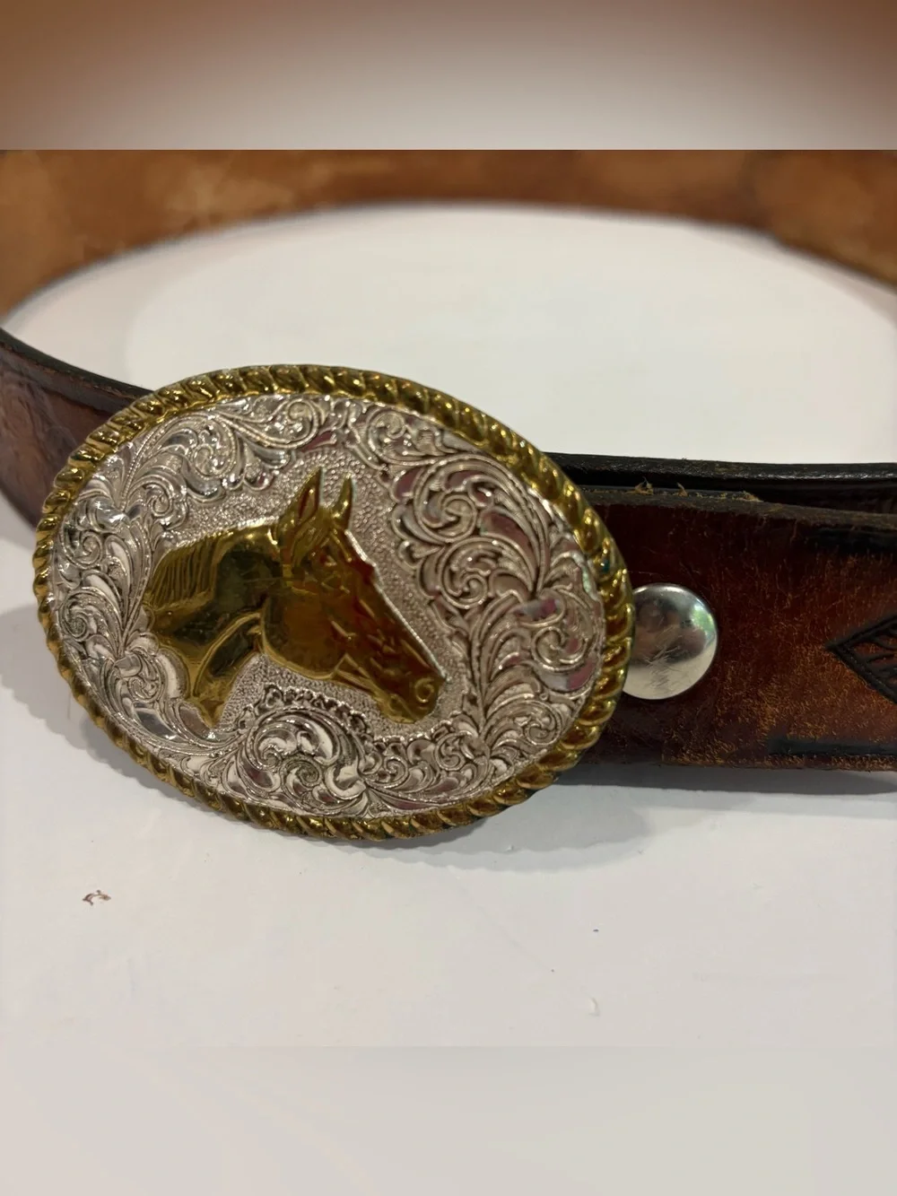 Vtg Crumrine Heavy Silver Plate On Jewelers Bronze Western Belt Buckle W/ Belt